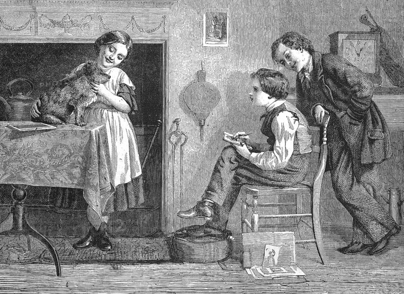 The Model, Boy Drawing a Dog Held by a Girl, Young Artist in the Room at Home, 1869, France, Historic, digitally restored reproduction of an original 19th century master, exact original date not known, Europe