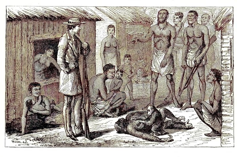 Natives standing in front of a hunter who shot a gorilla that had a cub, 1869, Uganda, Historical, digitally restored reproduction of a 19th century original, exact original date not known, Africa