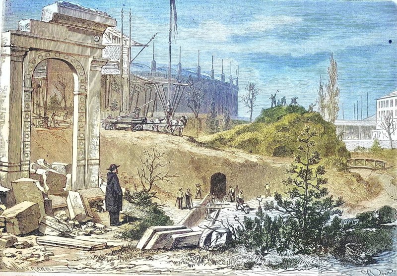 The demolition work on the Field of Mars after the Universal Exhibition of 1867, state 1869, Paris, France, Historic, digitally restored reproduction of an original 19th century original, exact original date not known, Europe