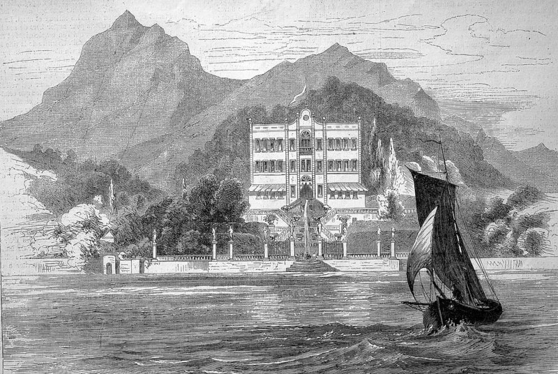 Villa Carlotta, an 18th century summer residence in Tremezzo on Lake Como, 1869, Lombardy, Italy, Historic, digitally restored reproduction of a 19th century original, exact original date unknown, Europe