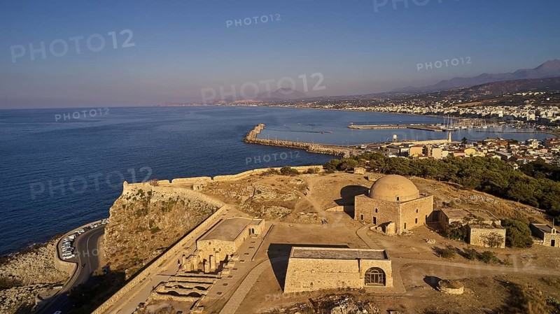 Venetian sea fortress, Fortezza, drone shot, mosque, building, harbour, boats, Rethimnon, central Crete, island of Crete, Greece, Europe