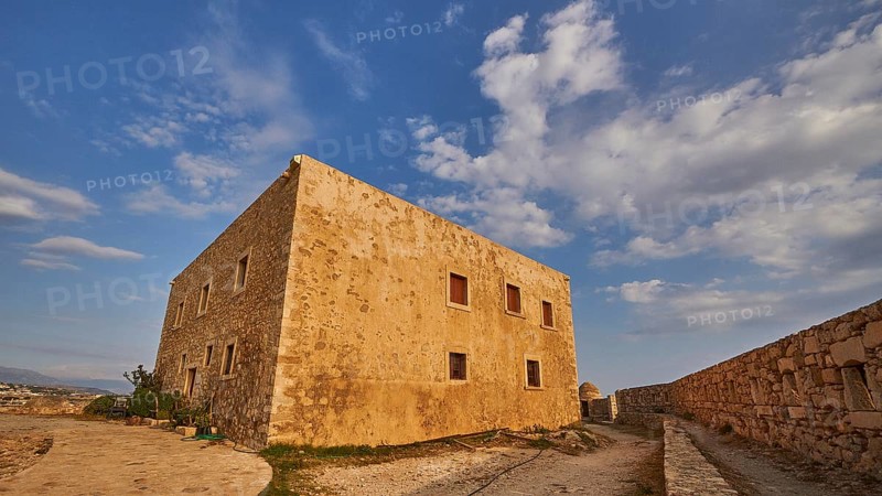 Fortezza, Venetian sea fortress, super wide angle shot, building, fortress wall, blue sky, few grey-white clouds, Rethimnon, central Crete, island of Crete, Greece, Europe