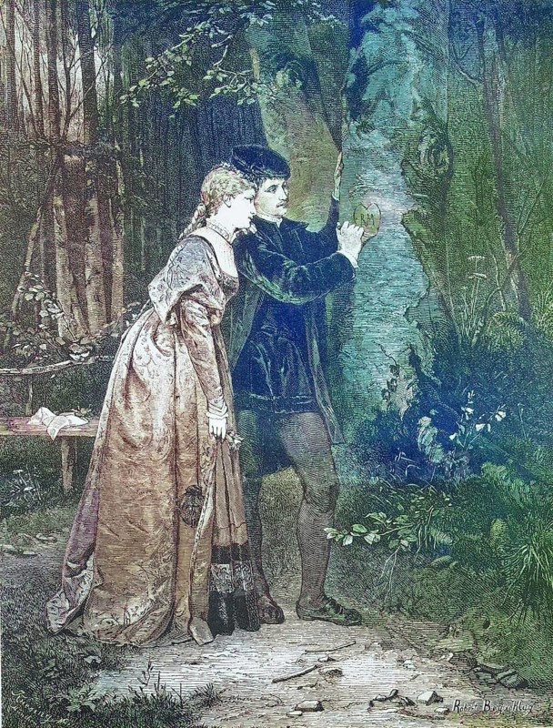 Couple in Love in the Forest Carving a Heart into a Tree Trunk, c. 1875, Historic, digitally restored reproduction of a 19th century original