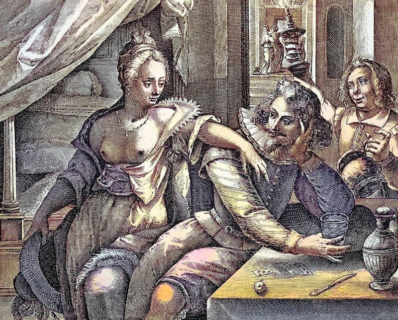 The Temptation, Bare-breasted Woman Seduces a Soldier, copperplate engraving by Crispin de Passe, bare-breasted woman tries to conquer the soldier, 16th century, Historic, digitally restored reproduction of a 19th century original, exact original date not known