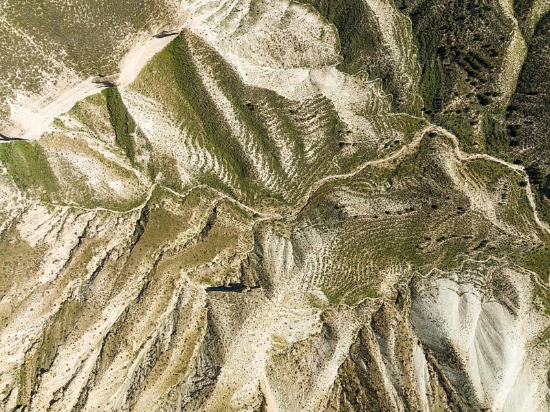 Dirt road in the Gorafe Desert with green surroundings after some rainfalls, aerial view, drone shot, UNESCO Granada Geopark, Granada province, Andalusia, Spain, Europe