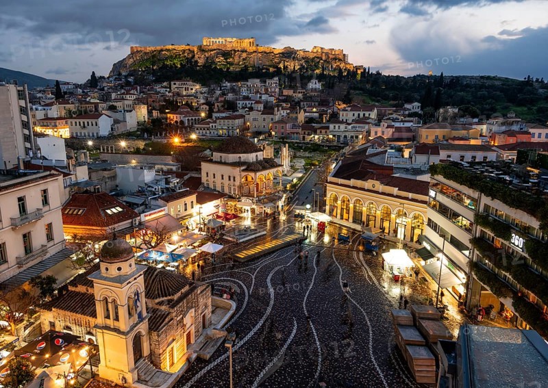 View over the old town of Athens, with Panagia Pantanassa Church, Tzisdarakis Mosque and Acropolis, illuminated Monastiraki Square, Athens, Attica, Greece, Europe