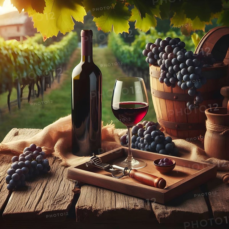 Food and drink background with red wine, fresh grapes and wine bottle. AI Generated, AI generated