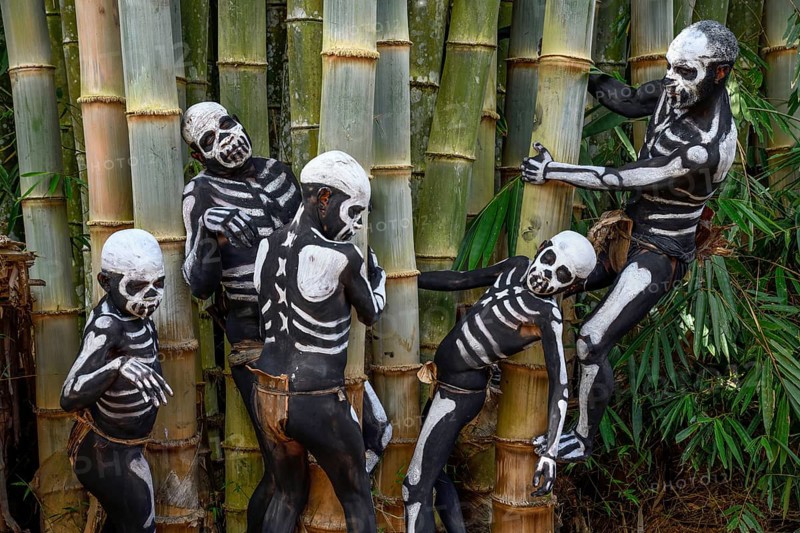 Natives with skeleton painting, Omo Bugamo tribe or skeleton people, Mount Hagen Festival in the village of Avi, Waghi Valley, near Mount Hagen, Western Highlands Province, Papua New Guinea, Oceania