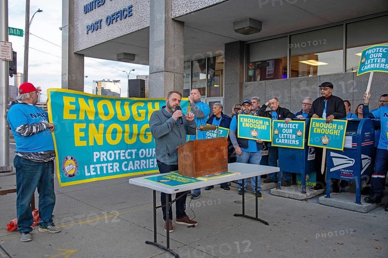 Detroit, Michigan USA, 6 November 2023, Postal workers rally to protest the increasing number of assaults and robberies that letter carriers are facing. Brian Renfroe, national president of the National Association of Letter Carriers, spoke at the rally. He said that more than 2, 000 assaults on their members since 2020