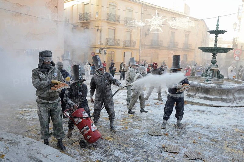 Els Enfarinats flour fight, rebels, armed with flour, eggs and firecrackers, take over the regiment of the city for one day, Plaza de la Iglesia, Ibi, Province of Alicante, Costa Blanca, Spain, Europe