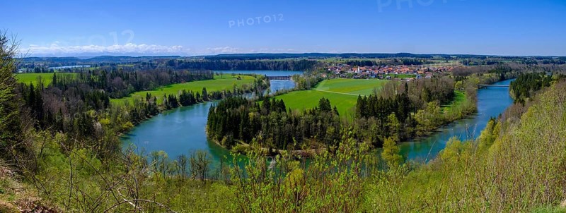 Lech with Epfach, over the Lech loop near Reichling, Pfaffenwinkel, Upper Bavaria, Bavaria, Germany, Europe