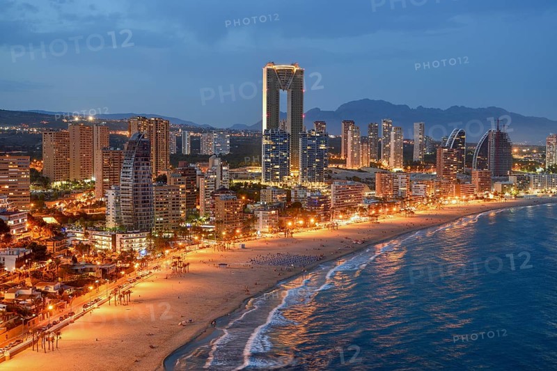 Skyline of Benidorm with the high-rise Intempo, with 192 metres the highest residential building in Europe, blue hour, Playa Poniente, Benidorm, Costa Blanca, Valencia County, Spain, Europe