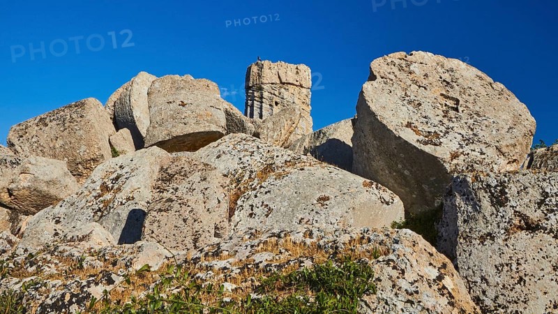 Super wide angle shot, column remains, blue sky, Temple G, Zeus Temple, Selinunte, Archaeological Site, Southwest Sicily, Sicily, Italy, Europe