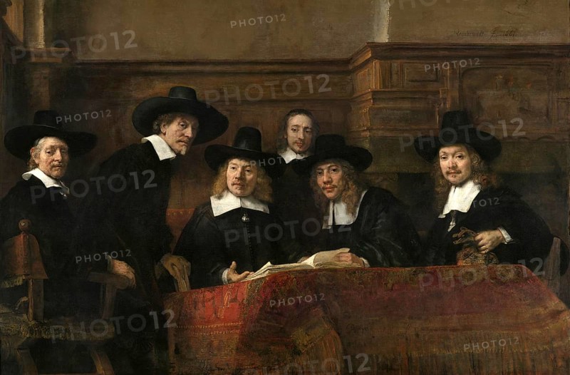 The members of the Amsterdam clothiers' guild known as the Syndics, painting by Rembrandt van Rijn (1606) (1669), Historic, digitally enhanced reproduction of an original from the period