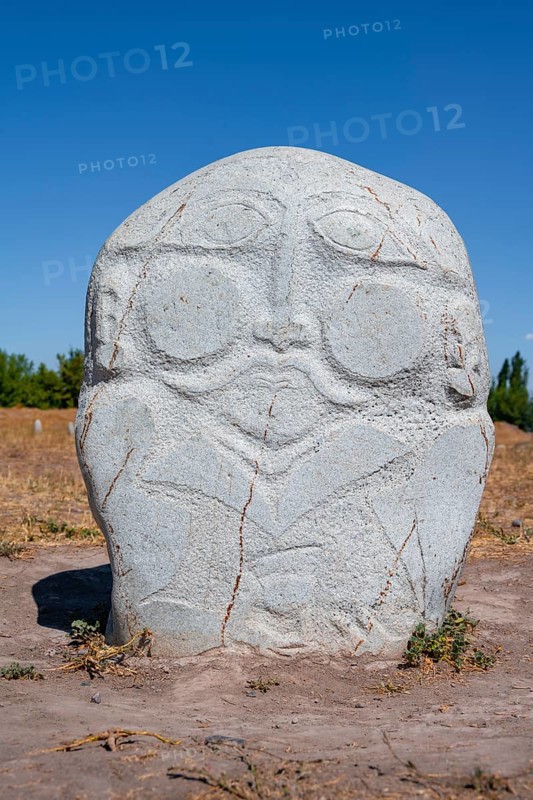 Balbals, historical gravestones in the shape of human faces, near Tokmok, Chuy, Kyrgyzstan, Asia