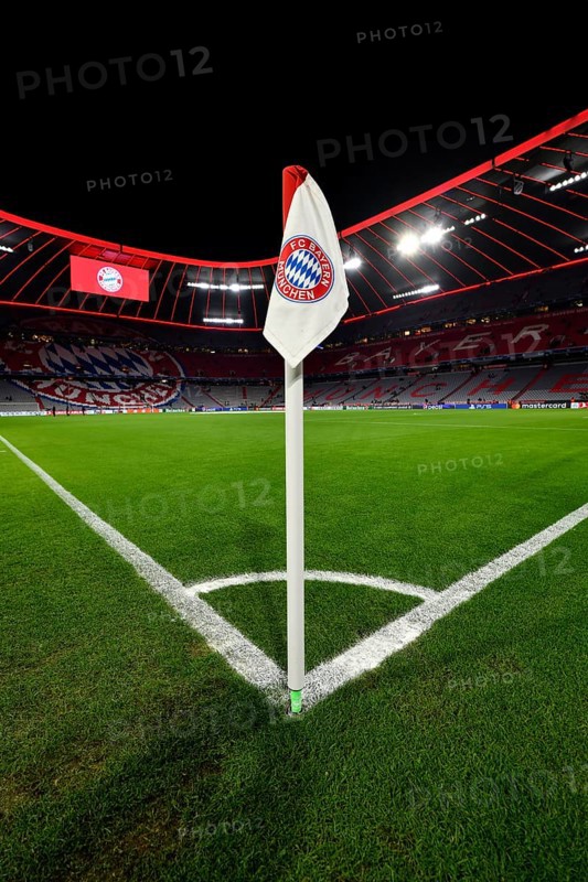 CL, Champions League evening, Allianz Arena, interior, corner flag, logo, scoreboard, pitch, Munich, Bayern, Germany, Europe