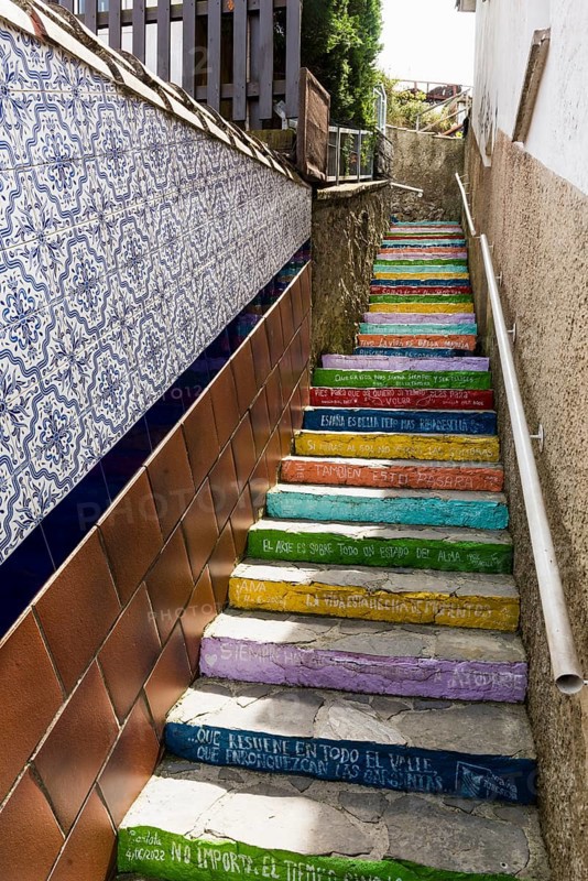 Art project with colourful steps, Escalera de colores, Ribadesella, Asturias, Asturias, Costa Verde, Northern Spain, Spain, Europe