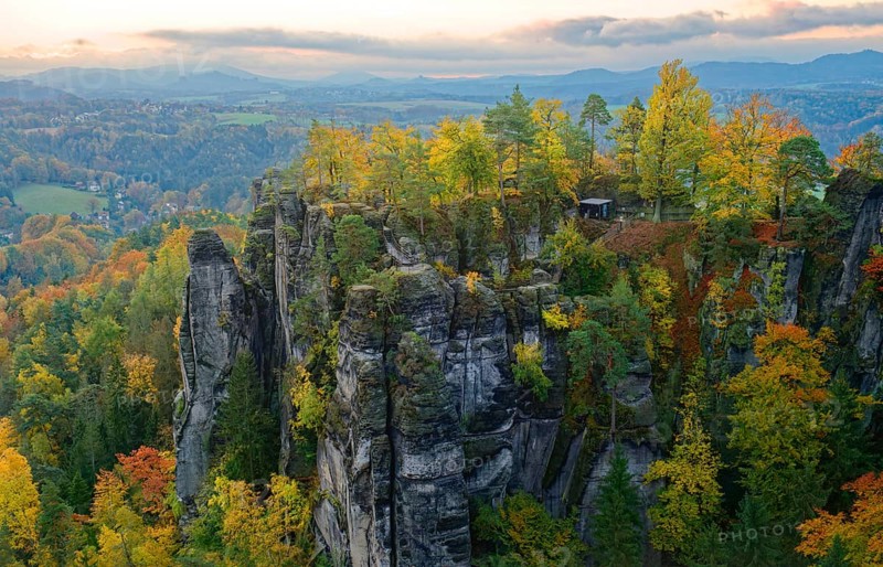 View from the Ferdinandstein to the rock castle Neurathen, Bastei, Lohmen, Saxon Switzerland, Elbe Sandstone Mountains, Saxony, Germany, Europe