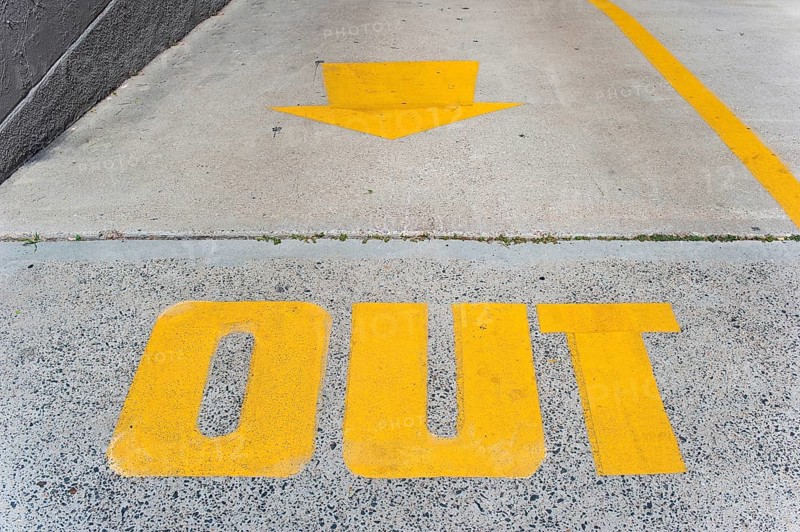 Out, out, exit, fashion, fashionable, zeitgeist, symbol, comparison, traffic, sign pointing the way into a car park