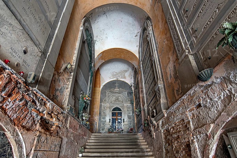 Staircase to the upper burial level, Monumental Cemetery, Cimitero monumentale di Staglieno), Genoa, Italy, Europe