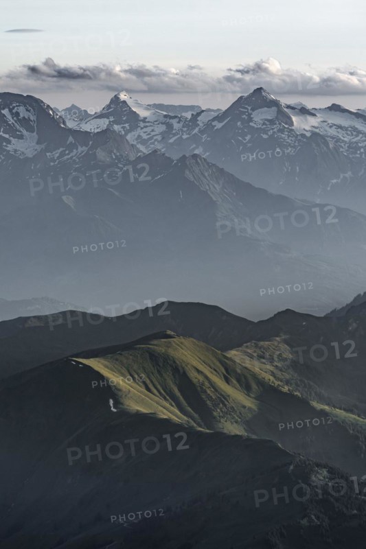 Evening mood, silhouettes, dramatic mountain landscape, view from Hochkönig, Salzburger Land, Austria, Europe