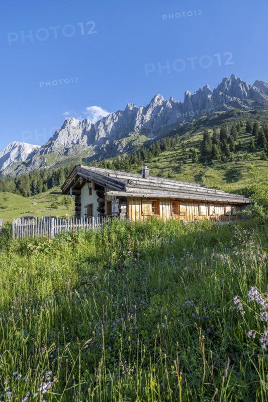 Wooden house, alpine pastures at Arthurhaus, Berchtesgaden Alps with Hochkönig, Salzburger Land, Austria, Europe