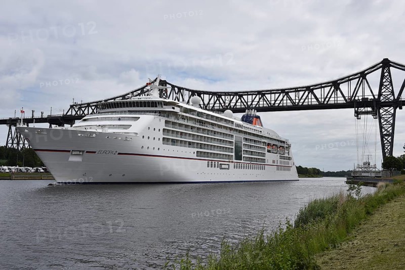 Cruise ship Europa 2 under the Rendsburg Bridge on the Kiel Canal, Schleswig-Holstein, Germany, Europe