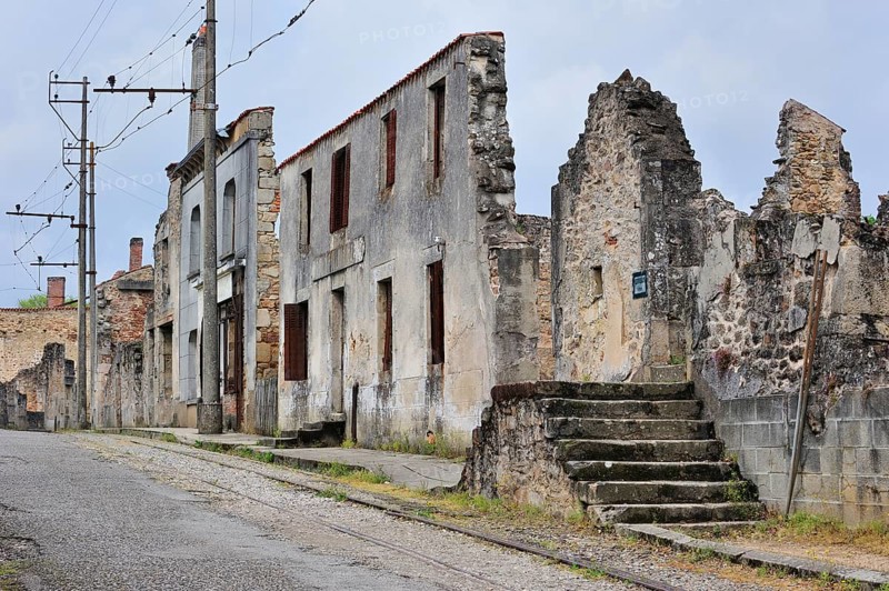 Ruins along the main road The burnt village of Oradour-sur-Glane was destroyed on 10 June 1944 when 642 of its inhabitants, including woman and children, were massacred by a German Waffen SS company, Limousin, France, Europe