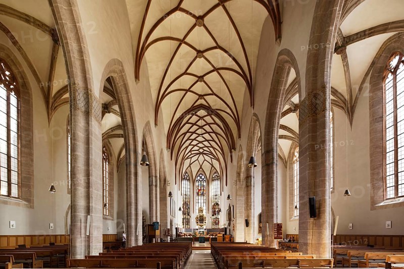 Nave and altar of St. Johannis Church, 15th century Gothic, Evangelical Lutheran parish church, three-nave pseudo-basilica, Martin-Luther Platz, Ansbach, Middle Franconia, Franconia, Bavaria, Germany, Europe