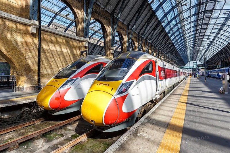 Azuma express trains of the London North Eastern Railway LNER at King's Cross station in London, Great Britain