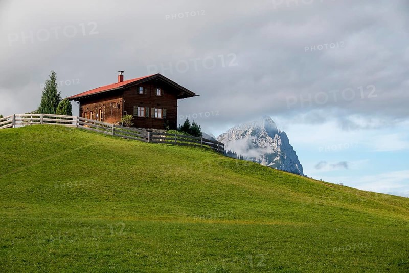 Hill with wooden house, Eckbauer, Werdenfelser Land, Garmisch-Partenkirchen, Upper Bavaria, Bavaria, Germany, Europe