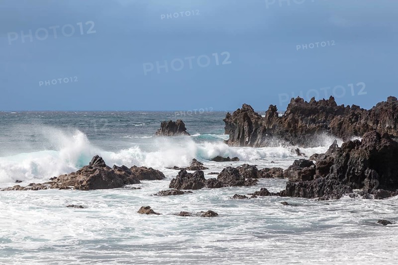 Lava rocks in the sea, surf, near Los Hervideros, Lanzarote, Canary Islands, Spain, Europe
