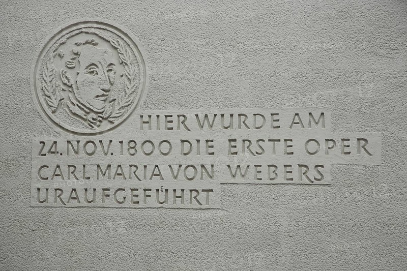Monument with inscription to the first performance of Carl Maria von Weber's first opera, inscription, year, 1800, relief, date, monochrome, grey, composition, music, theatre, Buttermarkt, Freiberg, Saxony, Germany, Europe