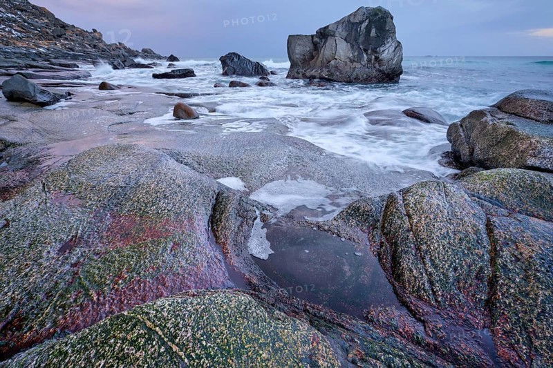 Rocks on beach of fjord of Norwegian sea in winteron sunset. Utakliev beach, Lofoten islands, Norway, Europe