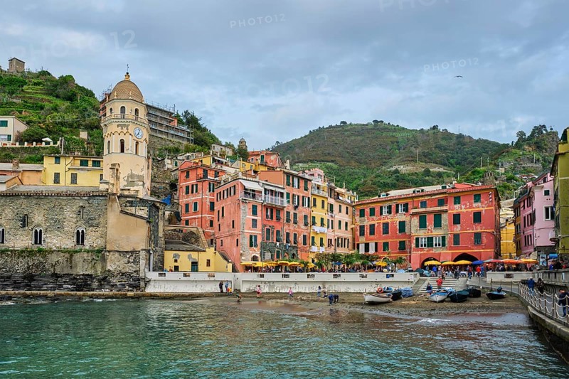 Vernazza village popular tourist destination in Cinque Terre National Park a UNESCO World Heritage Site, Liguria, Italy on sunset view from south