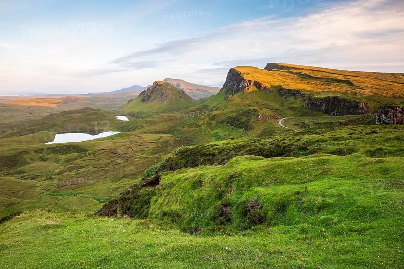 View of rocky landscape Quiraing, Trotternish Ridge, Highlands, Isle of Skye, Inner Hebrides, Scotland, United Kingdom, Europe