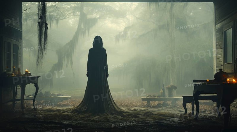 Eerie haunting ghostly female figure walking in front of a foggy southern plantation antebellum mansion on halloween night, generative AI