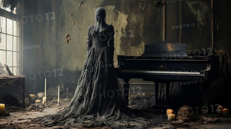 Mysterious and spooky female figure covered in sheer garment standing next to an old dusty piano in an abandoned house, generative AI