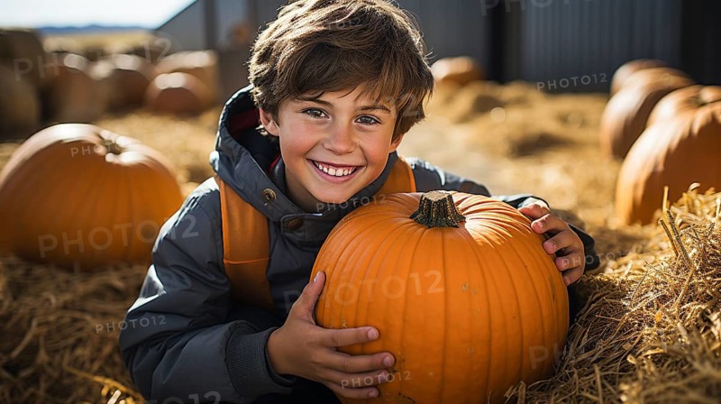 Happy young boy showing off his large ripe fall pumpkin at the pumpkin patch, generative AI