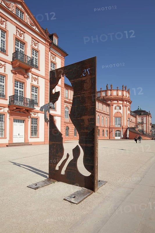 Horse figure in metal plate at Biebrich Castle, number, 75, hole, rusty, standing, looking through, Whitsun tournament, horse tournament, sporting event, equestrian sport, Biebrich, Wiesbaden, Taunus, Hesse, Germany, Europe