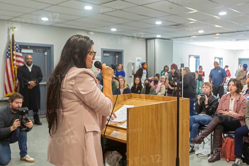 Dearborn, Michigan, Congresswoman Rashida Tlaib (D-Mich) speaks at a rally calling for a Green New Deal. The plan calls for government to devote more resources to fightiing climate change, while securing affordable and reliable power and an end to pollution in low-income communities. The rally was held at United Auto Workers Local 600