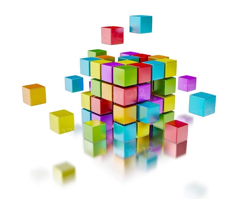 Business team teamwork collaboration concept, colorful color cubes assembling into cubic structure isolated on white with reflection