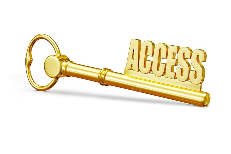 Access concept, golden access key made of gold isolated on white background
