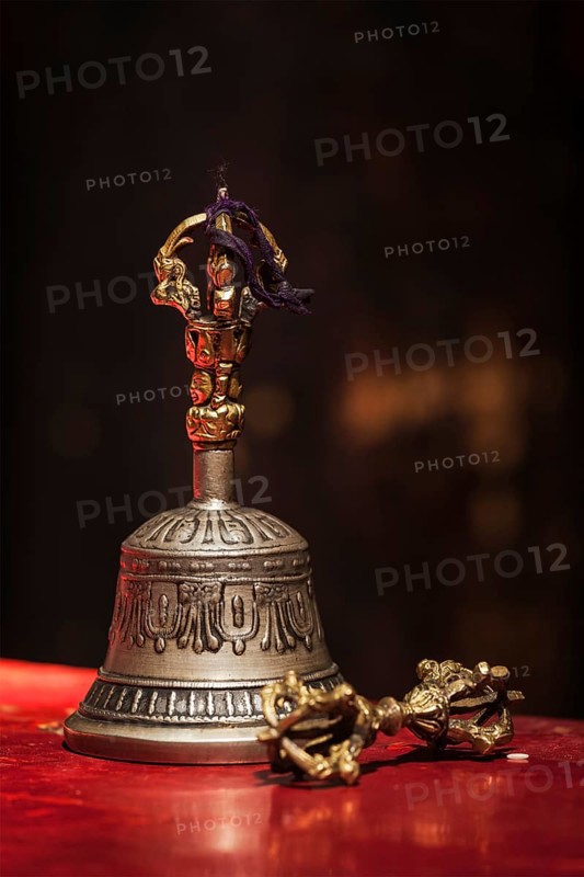 Tibetan Buddhist ritual objects still life, vajra and bell. Hemis gompa, Ladakh, India, Asia