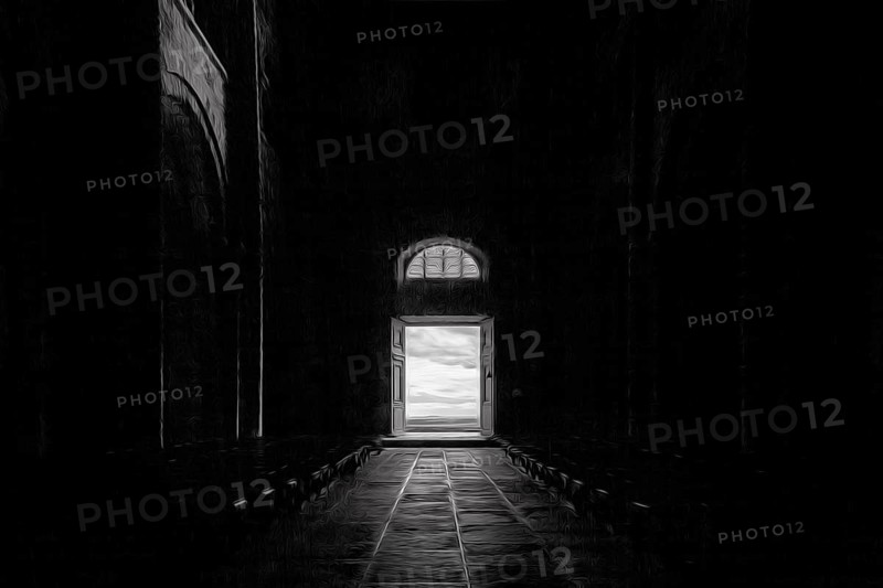 Incidence of light, door to terrace with view, Mont Saint Michel, dusk, stillness, illustration, monochrome, Normandy, France, Europe