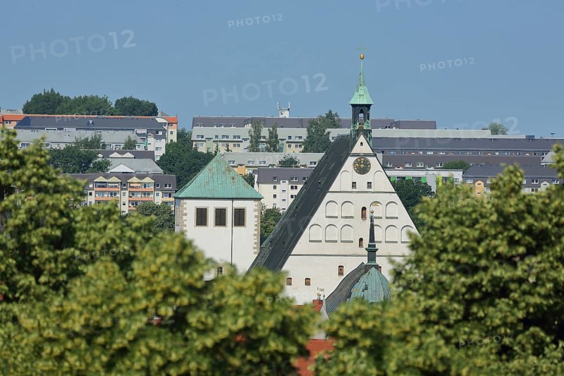 View of tower of Nikolai Church and gable with spire of St. Mary's Cathedral, Freiberg, Saxony, Germany, Europe
