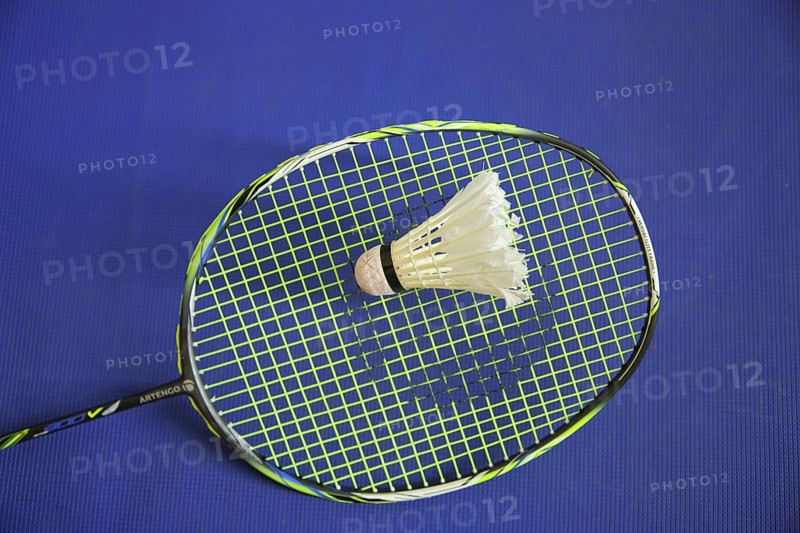 Badminton racket with shuttlecock, sport, badminton, sports equipment, racket, blue, white, studio shot