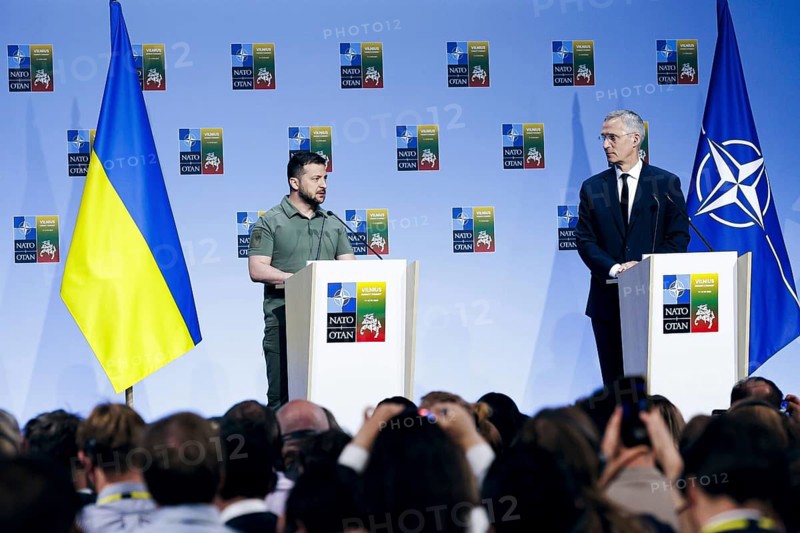 Ukrainian President Volodomyr Zelensky and NATO Secretary General Jens Stoltenberg, pictured at a joint press conference at the NATO Summit in Vilnius, Lithuania. Vilnius, 12.07.2023., Vilnius, Lithuania, Europe