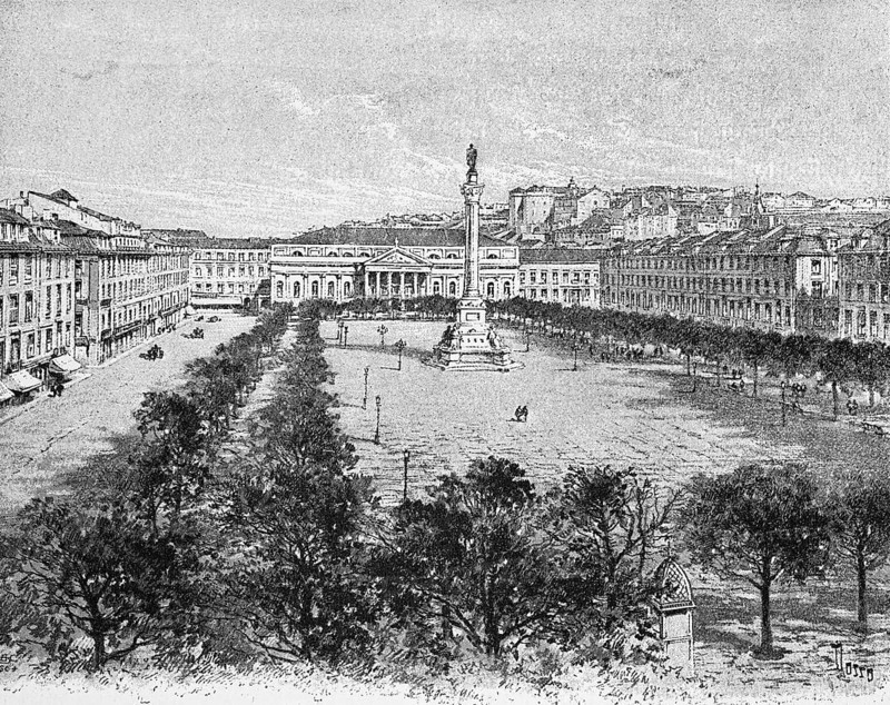 Praça Dom Pedro IV, Crown Prince Square, Lisbon, city view, park, fountain, trees, paths, people, lantern, kiosk, rest, recreation, Portugal, historical illustration around 1898, Europe