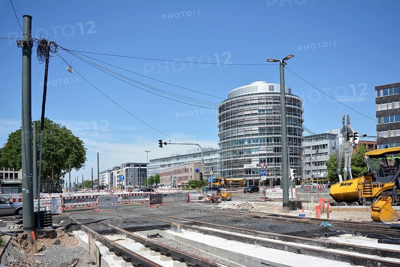 Heidelberg, Germany, June 2019: Construction site with track and road maintenance for streetcar tracks in front of Heidelberg main station, Europe